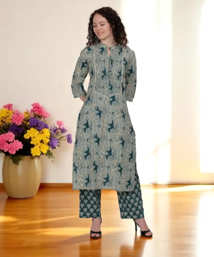 Green Floral Straight Kurta Set