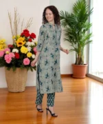 Green Floral Straight Kurta Set - Image 3