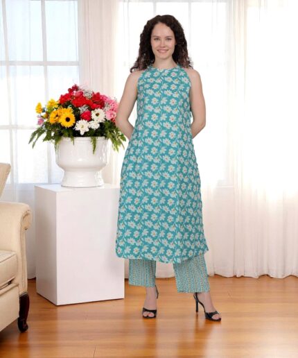 Turquoise Blossom Halter Neck Kurta Set