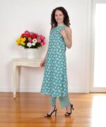 Turquoise Blossom Halter Neck Kurta Set - Image 2