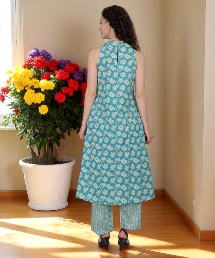 Turquoise Blossom Halter Neck Kurta Set - Image 4