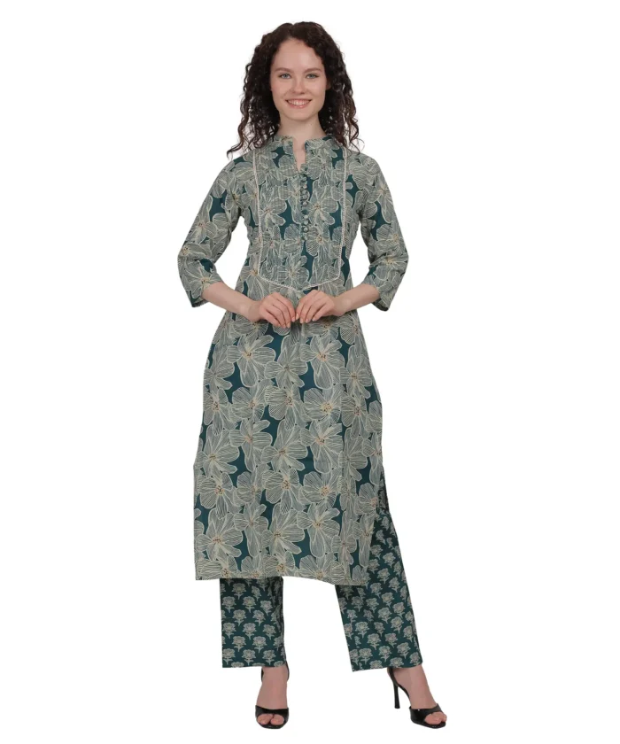 Green Floral Straight Kurta Set - Image 6