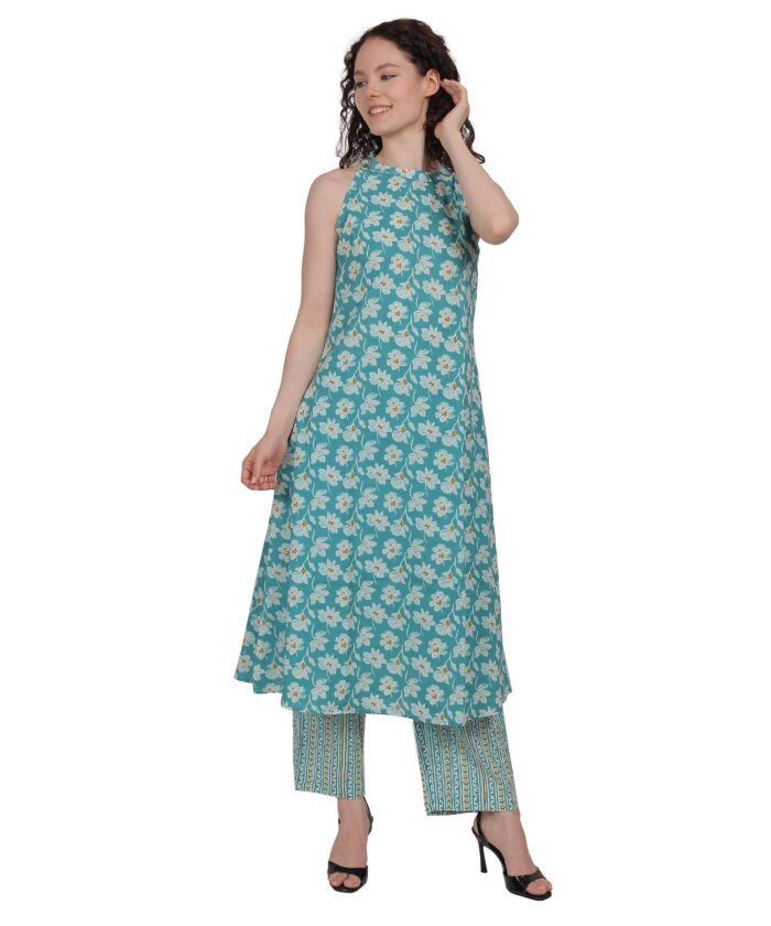 Turquoise Blossom Halter Neck Kurta Set - Image 6