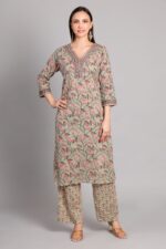 Green hand block printed cotton kurta set for women with floral motifs