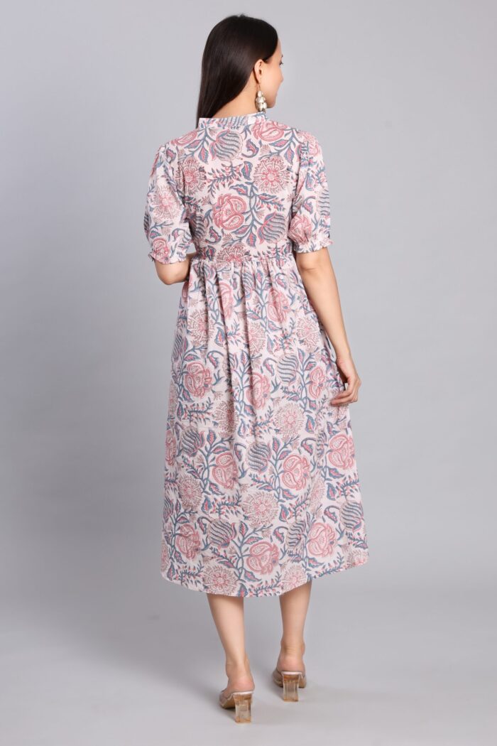 Floral Hand Block Printed Cotton Midi Dress - Image 4