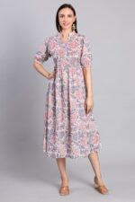 Floral Hand Block Printed Cotton Midi Dress - Image 3