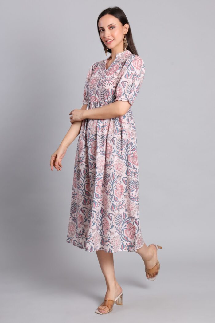 Floral Hand Block Printed Cotton Midi Dress - Image 2