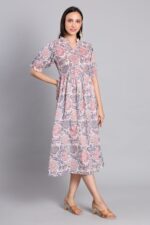 Women’s pink cotton midi dress with floral block print and half sleeves