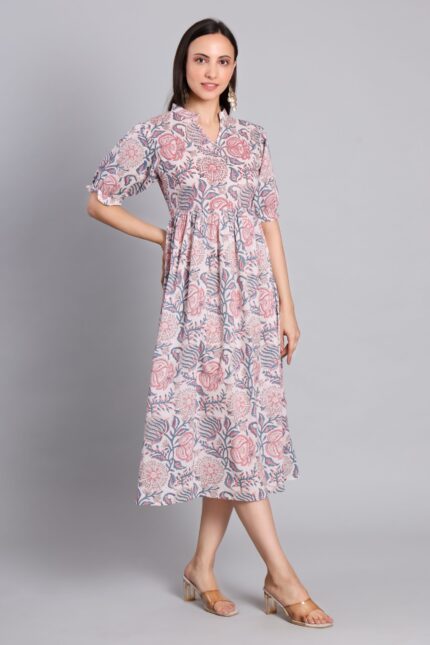 Women’s pink cotton midi dress with floral block print and half sleeves