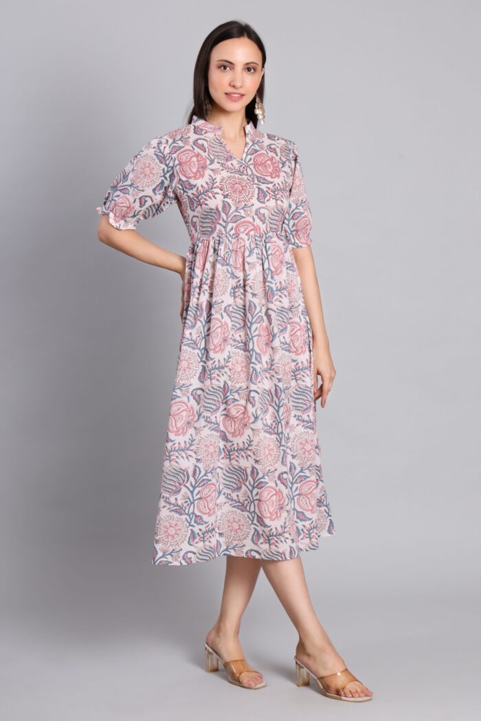 Women’s pink cotton midi dress with floral block print and half sleeves