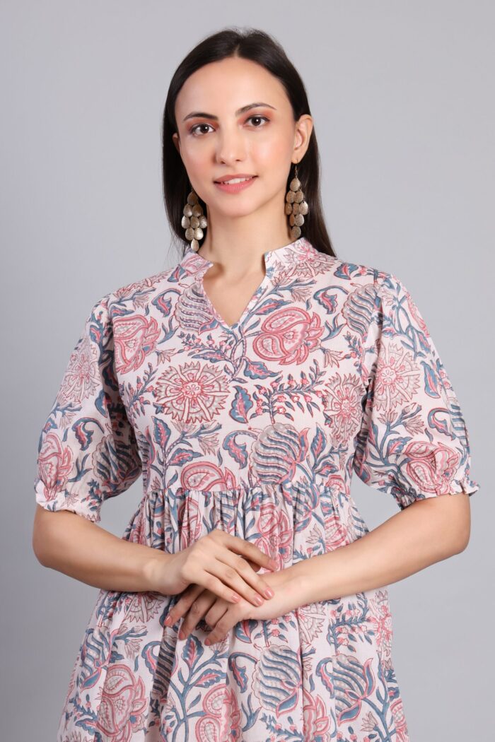 Floral Hand Block Printed Cotton Midi Dress - Image 5
