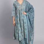 Aqua blue floral printed cotton Anarkali suit set with dupatta for women