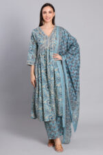 Aqua blue floral printed cotton Anarkali suit set with dupatta for women