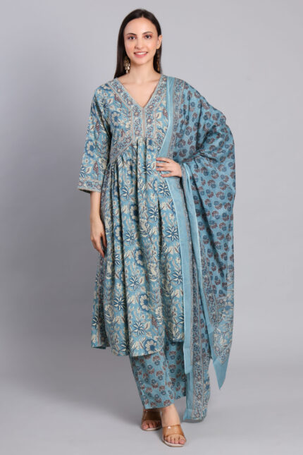 Aqua blue floral printed cotton Anarkali suit set with dupatta for women