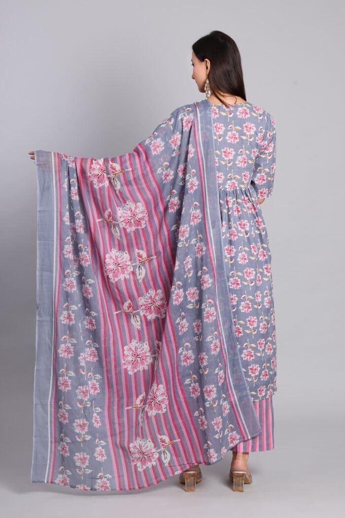 "Grey pink kurta set with striped palazzo pants"