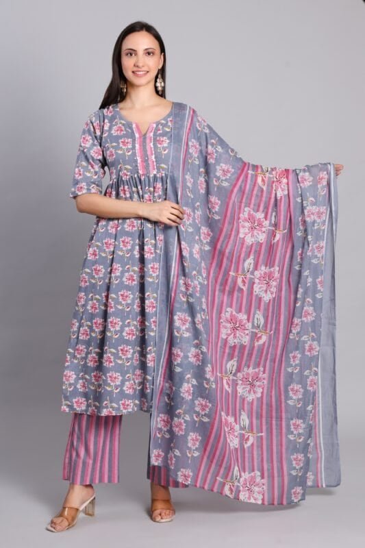 Cotton kurta set with floral print and dupatta