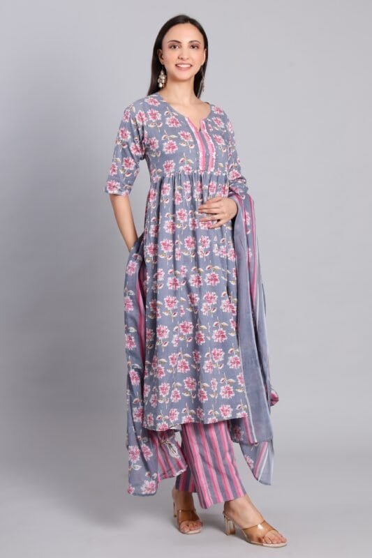 Pink grey cotton kurta set