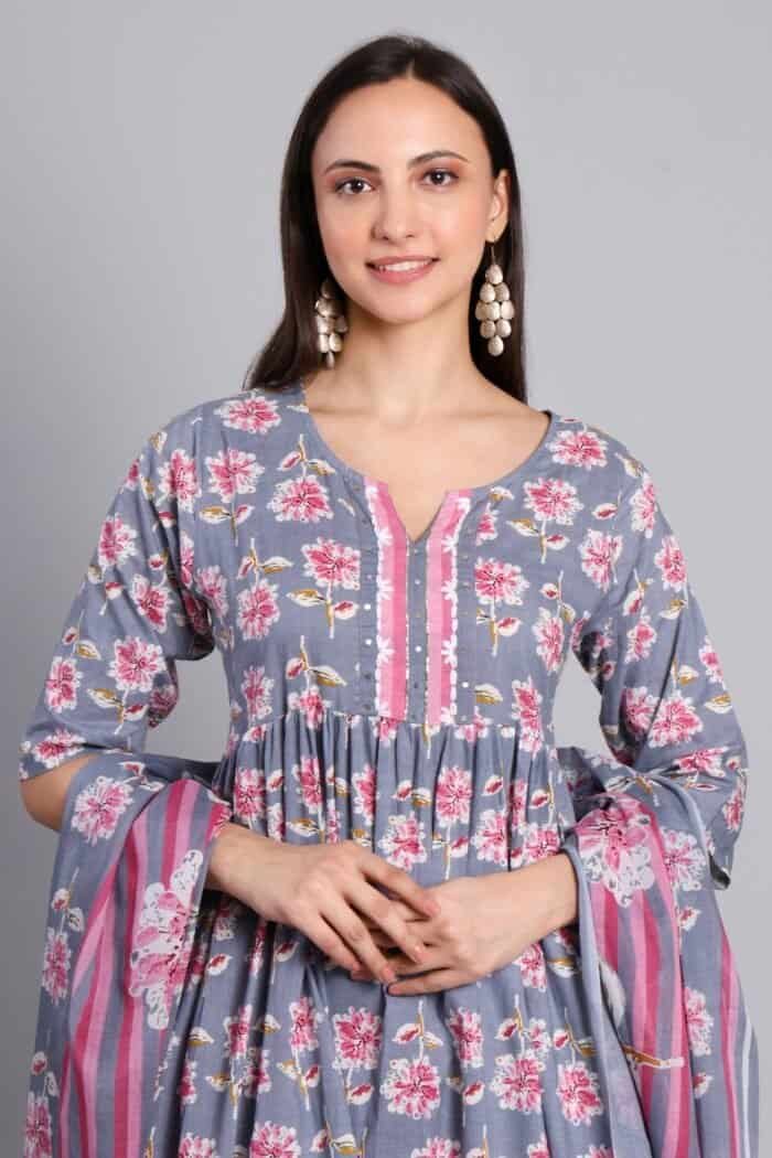 "Sanganeri floral print cotton fabric close-up"