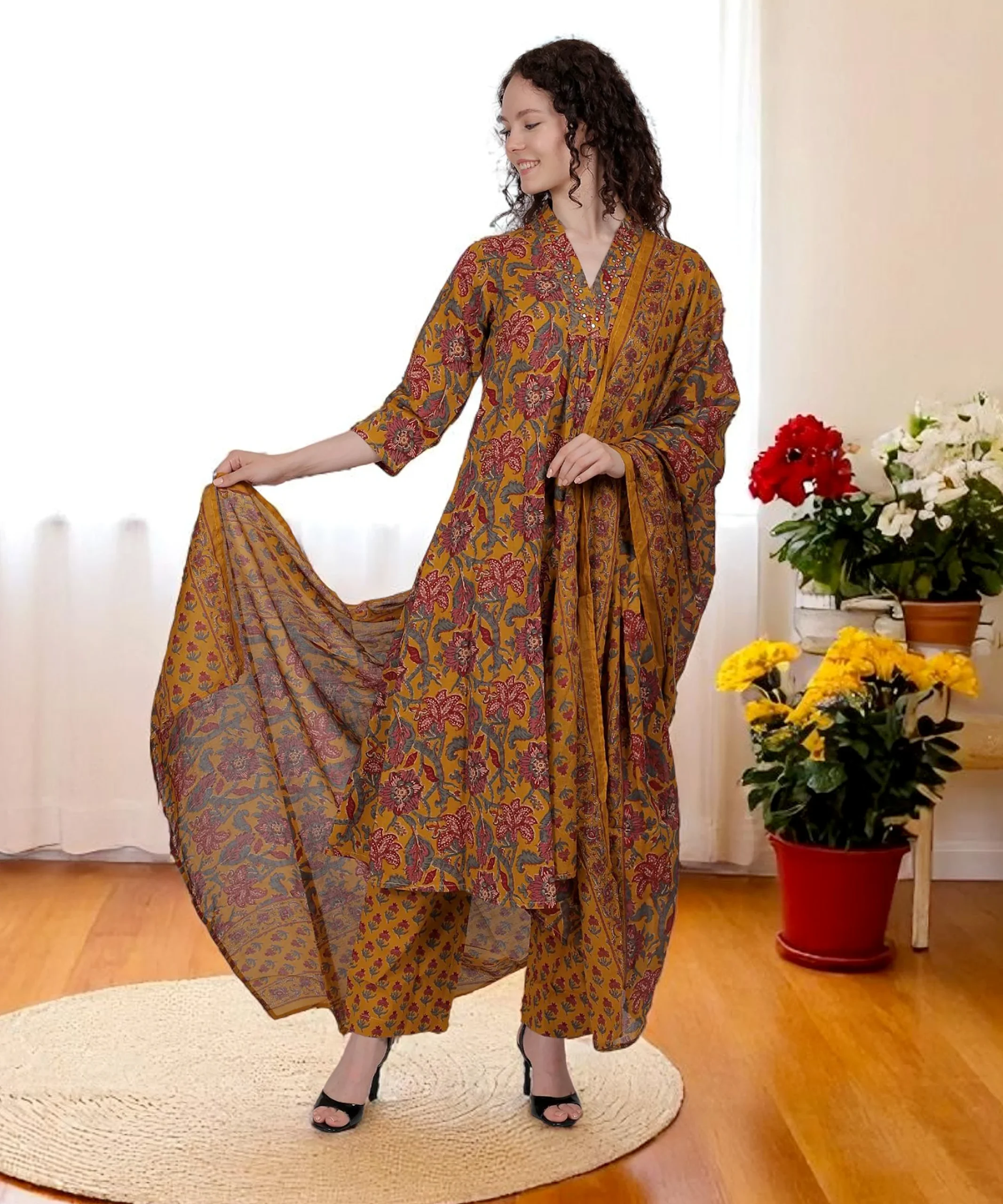 mustard Sanganeri print cotton kurta set with dupatta styled for everyday wear